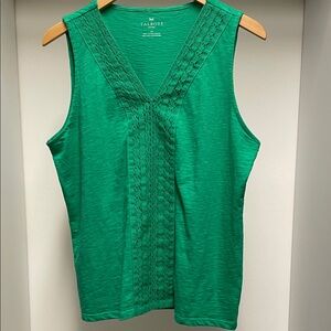 Talbots Vibrant Green V Neck Crochet Lace Detail Tank Top 100% Cotton Size LP